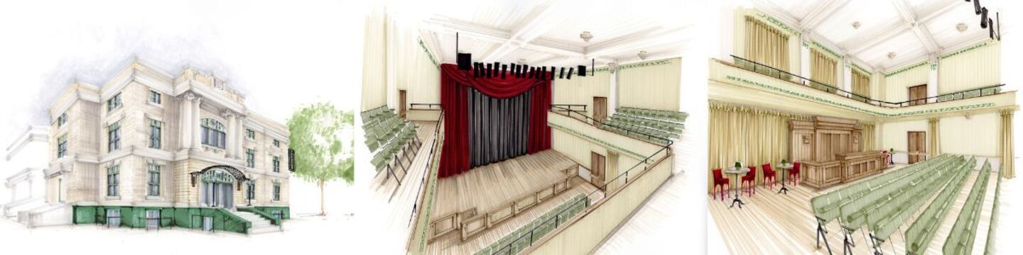 Panoramic aerial view of a small city downtown with low-rise buildings, streets and parking lots, surrounded by green neighborhoods under a bright blue sky with scattered clouds.
