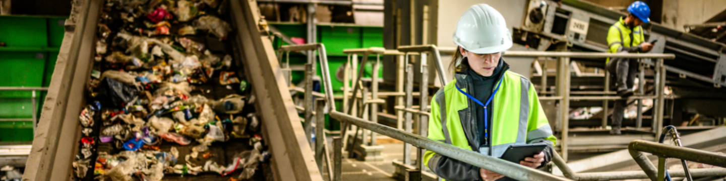 woman next to a recycling conveyer 