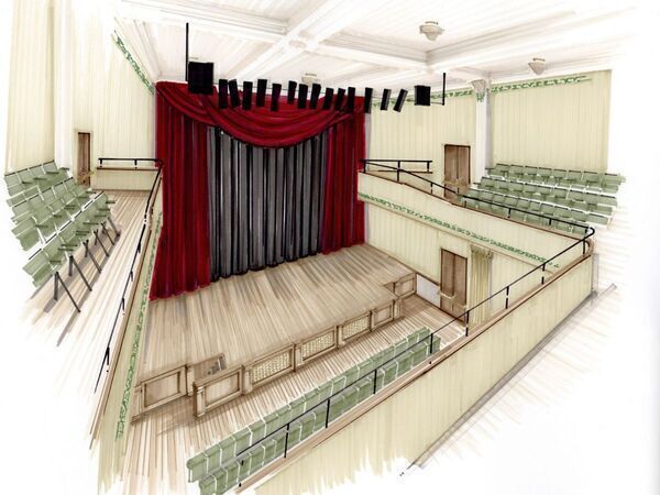 Illustrated view of a small theater auditorium with a wooden stage, red curtains framing a gray backdrop, overhead stage lights, and tiered green seating on both sides and balconies.